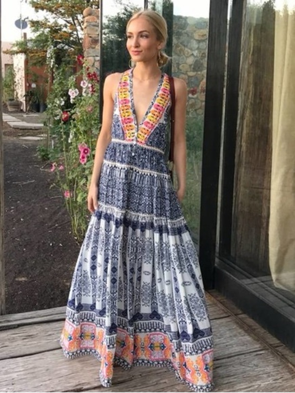 Rococo Sand Embroidered Printed Silk Maxi Dress Size M